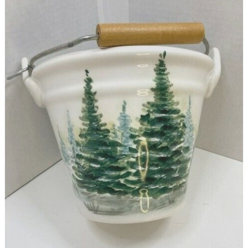 Maxcera Christmas Evergreen Tree Ceramic Bucket with‎ Wood Handle 6 inch